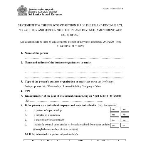 Document preview: Statement for the Purpose of Section 195 of the Inland Revenue Act, No. 24 of 2017 and Section 58 of the Inland Revenue (Amendment) Act, No. 10 of 2021 — Write off the Default Tax, Sri Lanka