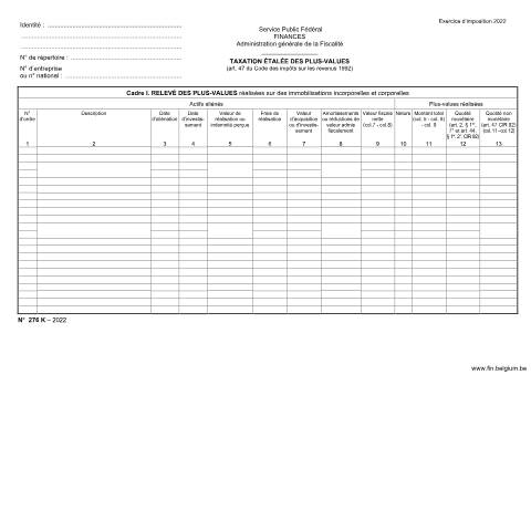 Aperçu du document Taxation étalée des plus-values sur immobilisations incorporelles et corporelles — SPF Finances, Belgique (CERFA n°155-276k)