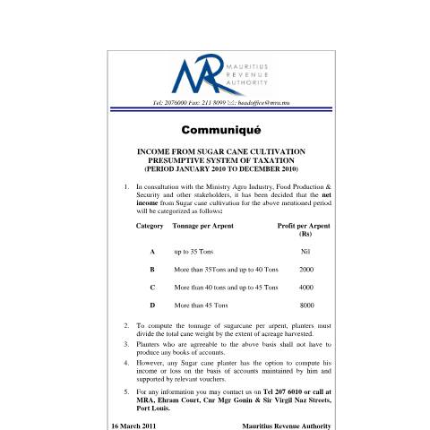 Document preview: Taxation of Sugarcane (16.03.2011) — Notice / Circular, Mauritius (CERFA n°CommuniqueSugarcane16032011.pdf)