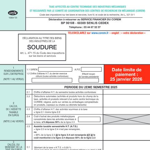 Aperçu du document Taxe affectée au centre technique des industries mécaniques de la soudure — Professionnels, France (CERFA n°10664*33)