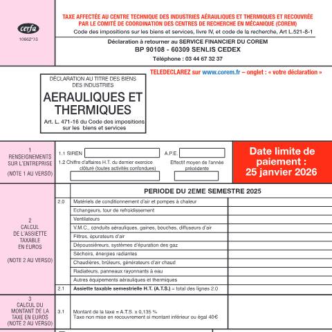 Aperçu du document Taxe affectéée au Centre technique des industries aérauliques et thermiques (Cetiat) — Professionnels, France (CERFA n°10662*32)