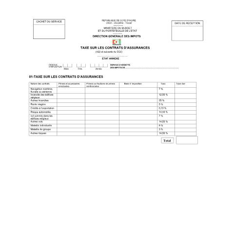Aperçu du document TAXE SUR LES CONTRATS DASSURANCES — Imprimé / Formulaire fiscal, Côte d'Ivoire