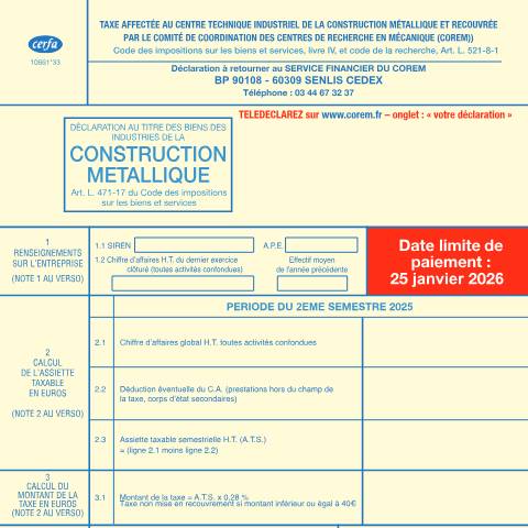 Aperçu du document Taxe affectée au Centre technique industriel de la construction métallique (CTICM) — Professionnels, France (CERFA n°10661*33)