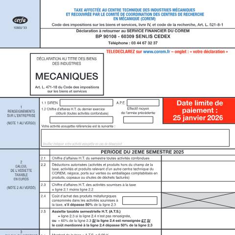 Aperçu du document Taxe affectée au Centre technique des industries mécaniques — Professionnels, France (CERFA n°10665*33)