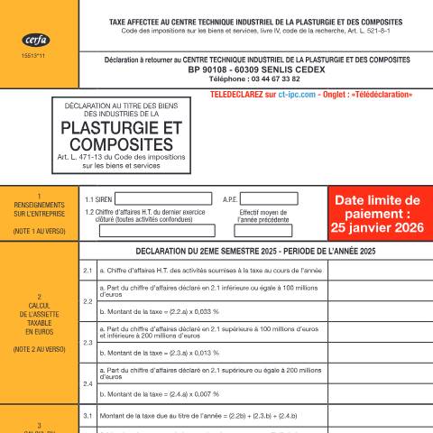 Aperçu du document Taxe affectée au Centre technique industriel de la plasturgie et des composites — Professionnels, France (CERFA n°15513*11)
