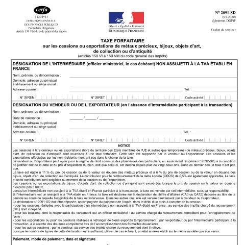 Aperçu du document Taxe sur les ventes de métaux précieux, bijoux, objets d'art, de collection et d'antiquité — Particuliers, France (CERFA n°11294*13)