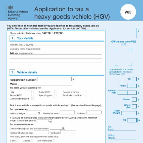 Document preview: Tax a heavy goods vehicle (HGV) (form V85) — Driver and Vehicle Licensing Agency, United Kingdom