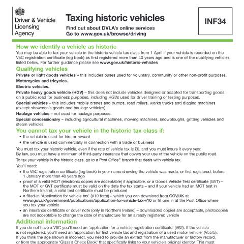 Document preview: Taxing historic vehicles (INF34) — Driver and Vehicle Licensing Agency, United Kingdom