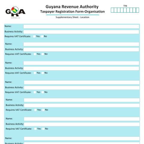 Document preview: G0016c Taxpayer Registration Form Organisation Supplementary Location v1 — PAYE & Payroll, Guyana
