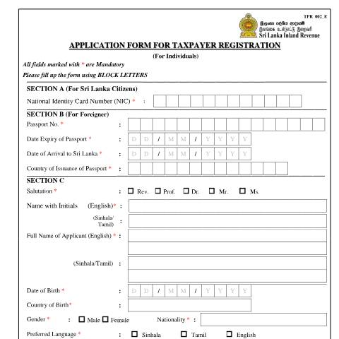 Document preview: Application Form for Taxpayer Registration (For Individual) — Taxpayer Registration, Sri Lanka (CERFA n°TPR_002)