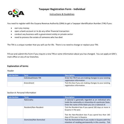 Document preview: Taxpayer Registration Form Individual Guide — PAYE & Payroll, Guyana