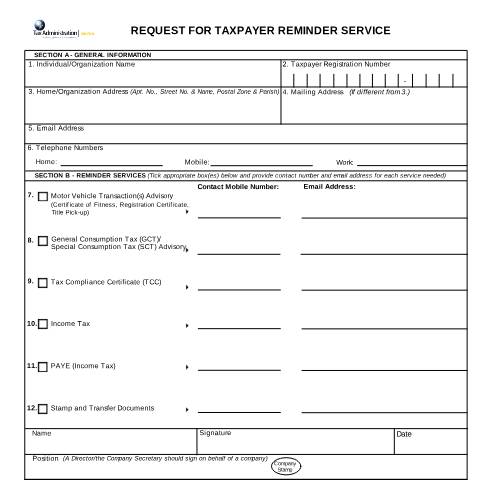 Document preview: Request for Taxpayer Reminder Service — Document, Jamaica (CERFA n°request_taxpayer_reminder)