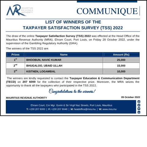 Document preview: List of winners of the Taxpayer Satisfaction Survey (TSS) 2022 (28.10.22) — Notice / Circular, Mauritius (CERFA n°CommuniqueTSS281022)