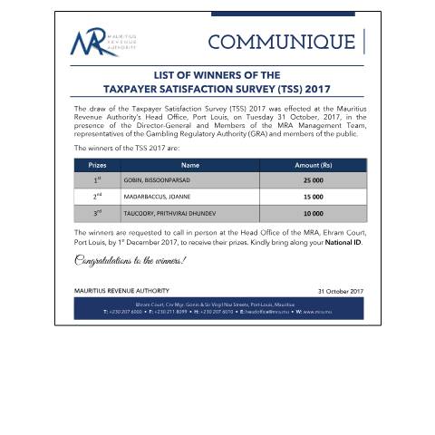 Document preview: List of Winners of the Taxpayer Satisfaction Survey (TSS) 2017 (31.10.17) — Reference, Mauritius (CERFA n°TSSDraw2017)