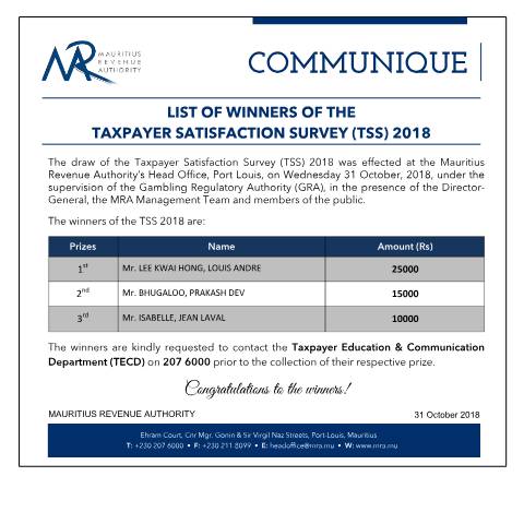 Document preview: List of winners of the Taxpayer Satisfaction Survey (TSS) 2018 (31.10.18) — Reference, Mauritius (CERFA n°TSSDraw2018)
