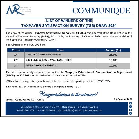 Document preview: List of Winners of the Taxpayer Satisfaction Survey (TSS) Draw 2024 (29.10.24) — Notice / Circular, Mauritius (CERFA n°CommuniqueTSS291024)