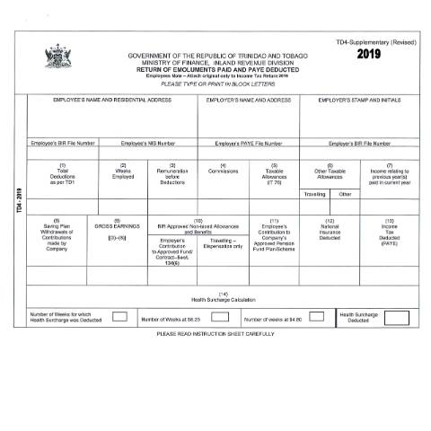 Document preview: [TD 4 Supplementary] Return of emoluments paid and PAYE deducted — Form, Trinidad & Tobago (CERFA n°TD4 Supplementary)