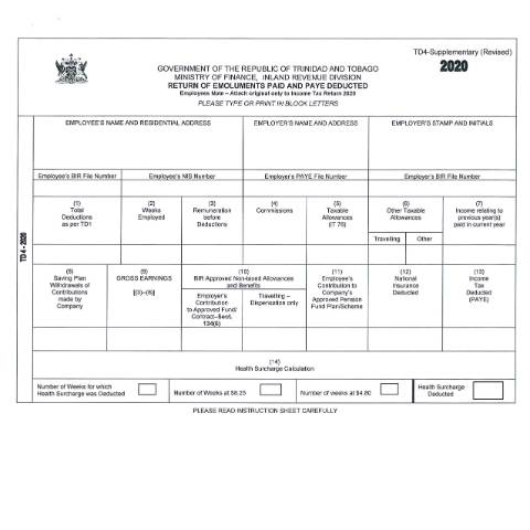 Document preview: [TD 4 Supplementary] Return of emoluments paid and PAYE deducted — Form, Trinidad & Tobago (CERFA n°TD4 Supplementary)