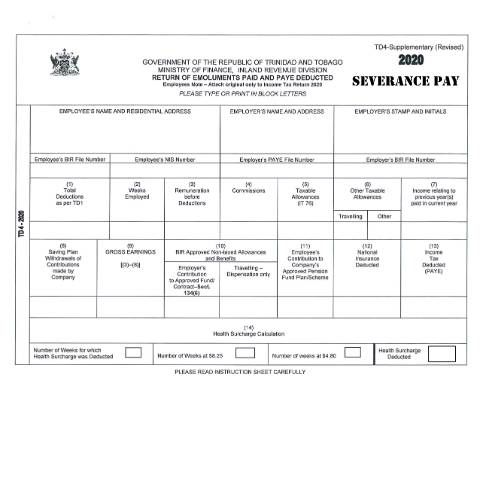 Document preview: [TD 4 Supplementary Severance] Return of — Form, Trinidad & Tobago (CERFA n°TD4 Supplementary Severance)