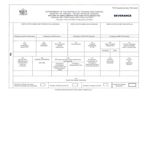 Document preview: [TD 4 Supplementary Severance] Return of — Form, Trinidad & Tobago (CERFA n°TD4 Supplementary Severance)