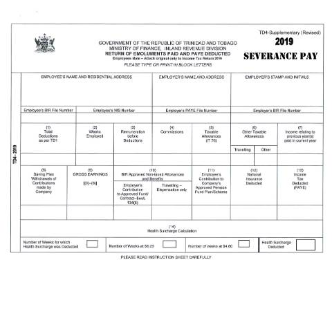 Document preview: [TD 4 Supplementary Severance] Return of — Form, Trinidad & Tobago (CERFA n°TD4 Supplementary Severance)