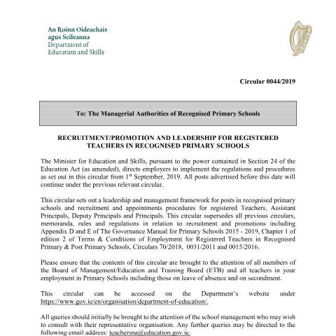 Document preview: Teacher Recruitment Registration and Qualifications — dbbed0ae 00442019 — Department of Education, Ireland