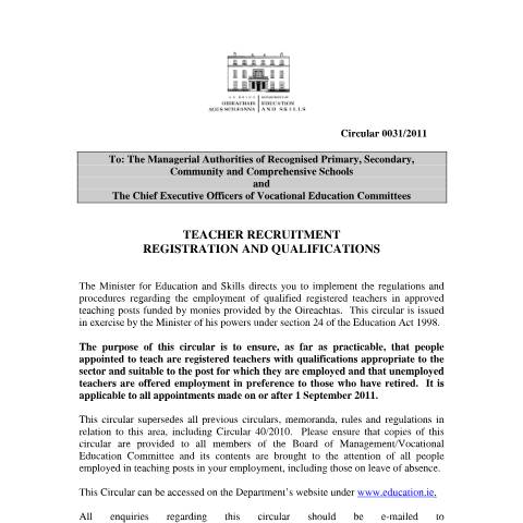 Document preview: Teacher Recruitment Registration and Qualifications — cb8f4636 00312011 — Department of Education, Ireland