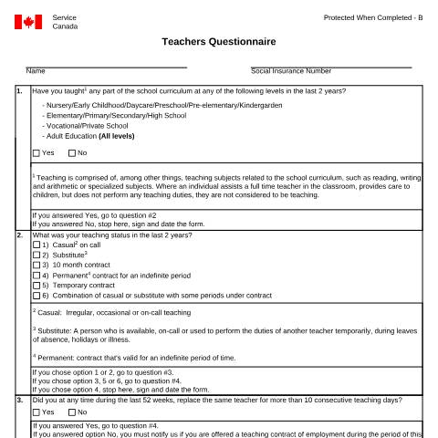Document preview: Teachers Questionnaire — Employment Insurance, Canada (CERFA n°INS5234)