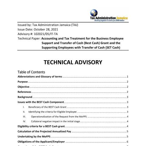 Document preview: Technical Advisory - Accounting for BEST and SET cash — Document, Jamaica (CERFA n°Final_Technical_Advisory_BEST_CASH_V_1_Approved_Nov_5_2021)