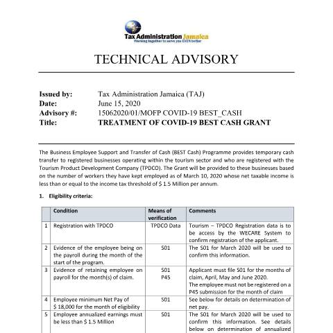 Document preview: Technical Advisory - Treatment of COVID-19 Best Cash Grant — Document, Jamaica (CERFA n°BEST+Cash+Technical_Advisory_June_15_2020)