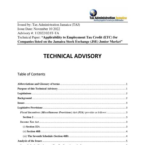 Document preview: Technical Advisory - Applicability Of ETC To Companies Listed On The Junior Market Of The JSE — Document, Jamaica (CERFA n°technical_advisroy_applicability_to_companies_jse_2022)