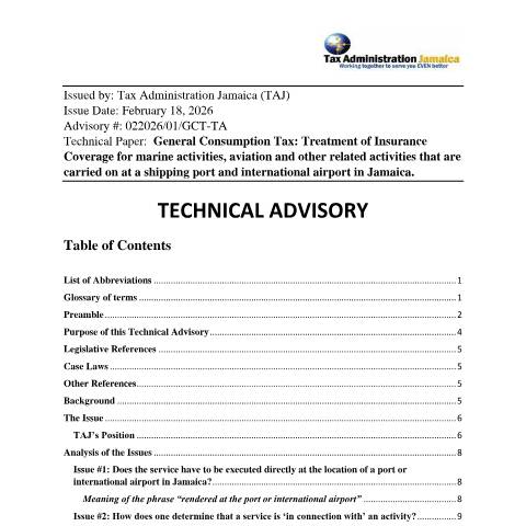 Document preview: Technical Advisory - Marine and Aviation Insurance — Document, Jamaica (CERFA n°TECHNICAL+ADVISORY+-+MARINE+AND+AVIATION+INSURANCE+_final)