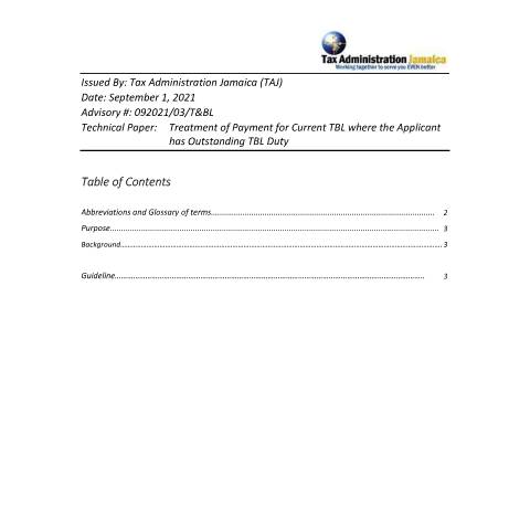 Document preview: Technical Advisory - Treatment of Payment of Current TBL where applicant has OS TBLD — Document, Jamaica (CERFA n°Technical+Advisory+-+Treatment+of+Payment+of+Current+TBL+where+Applicant+has+OS+TBLD+Final)