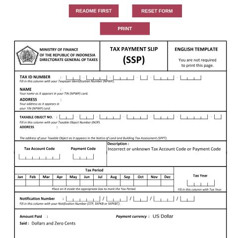 Document preview: Template SSP dalam Bahasa Inggris.pdf — Tax Payment Slip, Indonesia (CERFA n°ID-DJP-Template-SSP-dalam-Bahasa-Inggris)