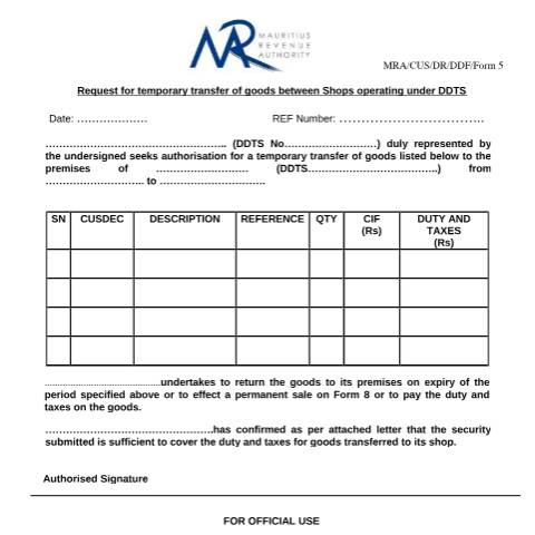 Document preview: Request for temporary transfer of goods between shops operating under DDTS — Document, Mauritius (CERFA n°form5TransferformDDTStoddts)