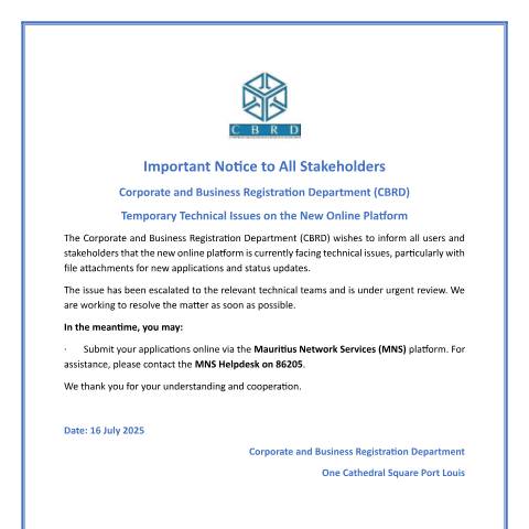 Document preview: IMPORTANT COMMUNIQUE-Temporary Technical Issues on the New Online Platform — Notice / Circular, Mauritius (CERFA n°IMPORTANT-COMMUNIQUE-Temporary-Technical-Issues-on-the-New-Online-Platform)