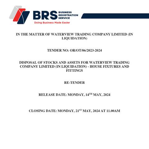 Document preview: TENDER DOCUMENT FOR DISPOSAL OF STOCKS AND ASSETS FOR WATERVIEW TRADING COMPANY LIMITED(IN LIQUIDATION) (1) — Document, Kenya (CERFA n°TENDER-DOCUMENT-FOR-DISPOSAL-OF-STOCKS-AND-ASSETS-FOR-WATERVIEW-TRADING-COMPANY-LIMITEDIN-LIQUIDATION-1)
