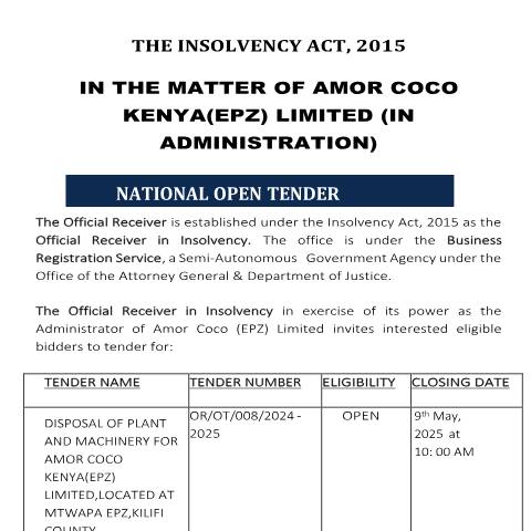 Document preview: TENDER NOTICE-AMOR COCO KENYA(EPZ) LIMITED — Document, Kenya (CERFA n°TENDER-NOTICE-AMOR-COCO-KENYAEPZ-LIMITED)