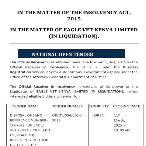 Document preview: TENDER NOTICE-EAGLE VET KENYA LIMITED — Document, Kenya (CERFA n°TENDER-NOTICE-EAGLE-VET-KENYA-LIMITED)
