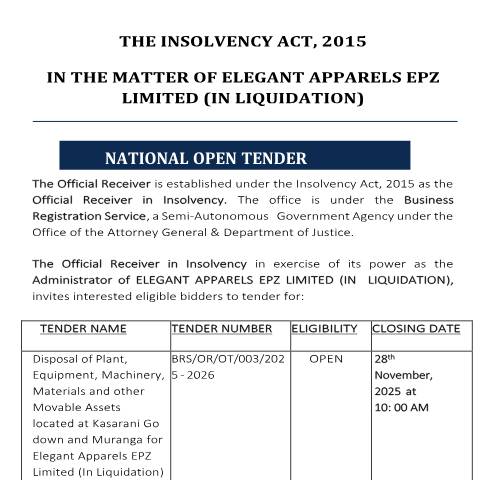 Document preview: TENDER NOTICE-ELEGANT APPARELS(2). — Document, Kenya (CERFA n°TENDER-NOTICE-ELEGANT-APPARELS2)
