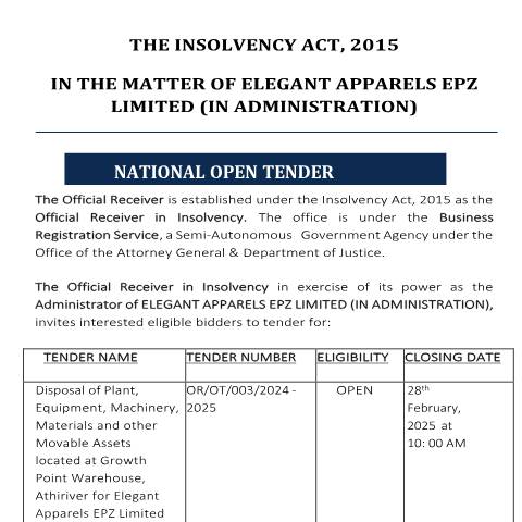 Document preview: TENDER NOTICE-ELEGANT APPARELS — Document, Kenya (CERFA n°TENDER-NOTICE-ELEGANT-APPARELS)