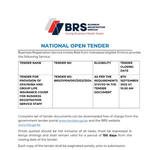 Document preview: TENDER NOTICE FOR PROVISION OF GPA,WIBA AND GROUP LIFE — Document, Kenya (CERFA n°TENDER-NOTICE-FOR-PROVISION-OF-GPAWIBA-AND-GROUP-LIFE)