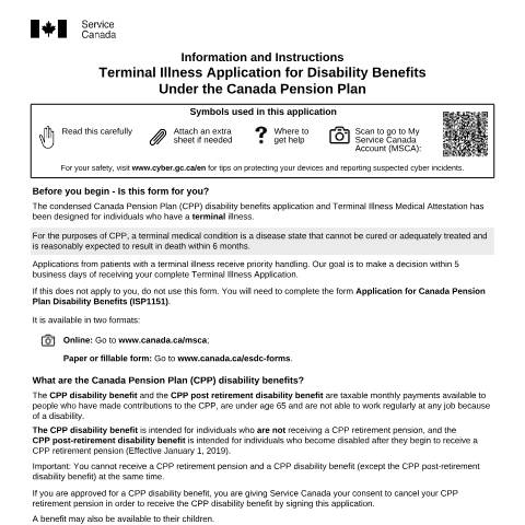 Document preview: Terminal Illness Application Kit for Disability Benefits under the Canada Pension Plan — Income Security Programs, Canada (CERFA n°ISP2530A)