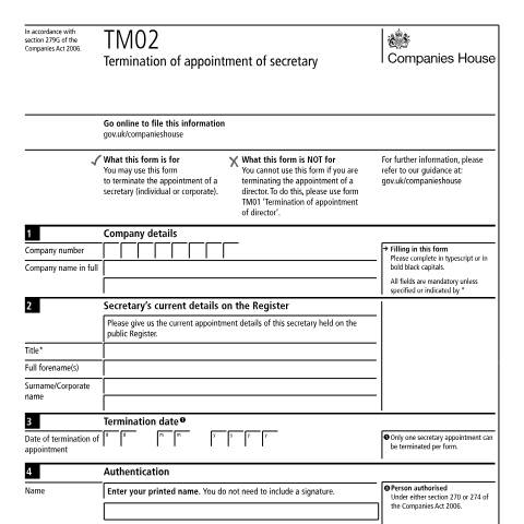 Document preview: Terminate an appointment of a secretary (TM02) — Companies House, United Kingdom