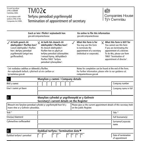 Document preview: Terminate an appointment of a secretary (TM02c) — Companies House, United Kingdom