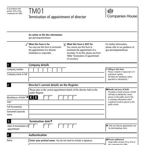 Document preview: Terminate an appointment of a director (TM01) — Companies House, United Kingdom