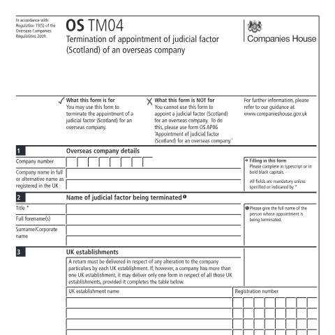 Document preview: Terminate appointment of judicial factor of an overseas company (OS TM04) — Companies House, United Kingdom