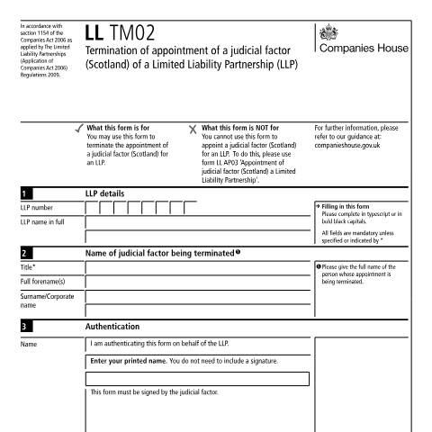 Document preview: Terminate appointment of judicial factor of a limited liability partnership (LL TM02) — Companies House, United Kingdom