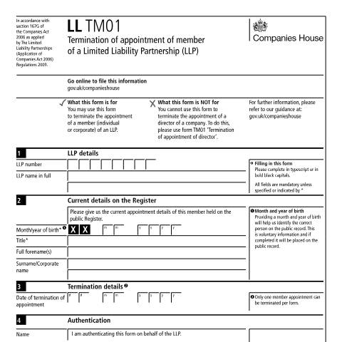 Document preview: Terminate appointment of member of a limited liability partnership (LL TM01) — Companies House, United Kingdom