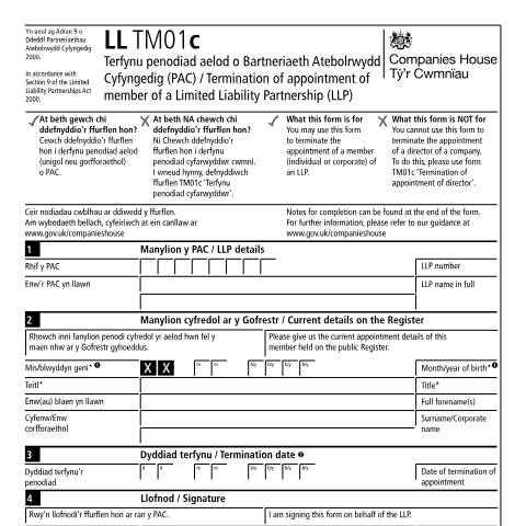 Document preview: Terminate appointment of member of a limited liability partnership (LL TM01c) — Companies House, United Kingdom